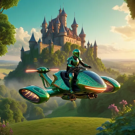 Prompt: (hoverbike), medieval fantasy setting, majestic castle in the background, lush green landscapes, (intricate designs) on the hoverbike, vibrant colors with a warm glow, fantastical creatures can be seen in the distance, (4K resolution), enchanting atmosphere, mystical vibe, dynamic movement, (highly detailed), whimsical elements combined with advanced technology