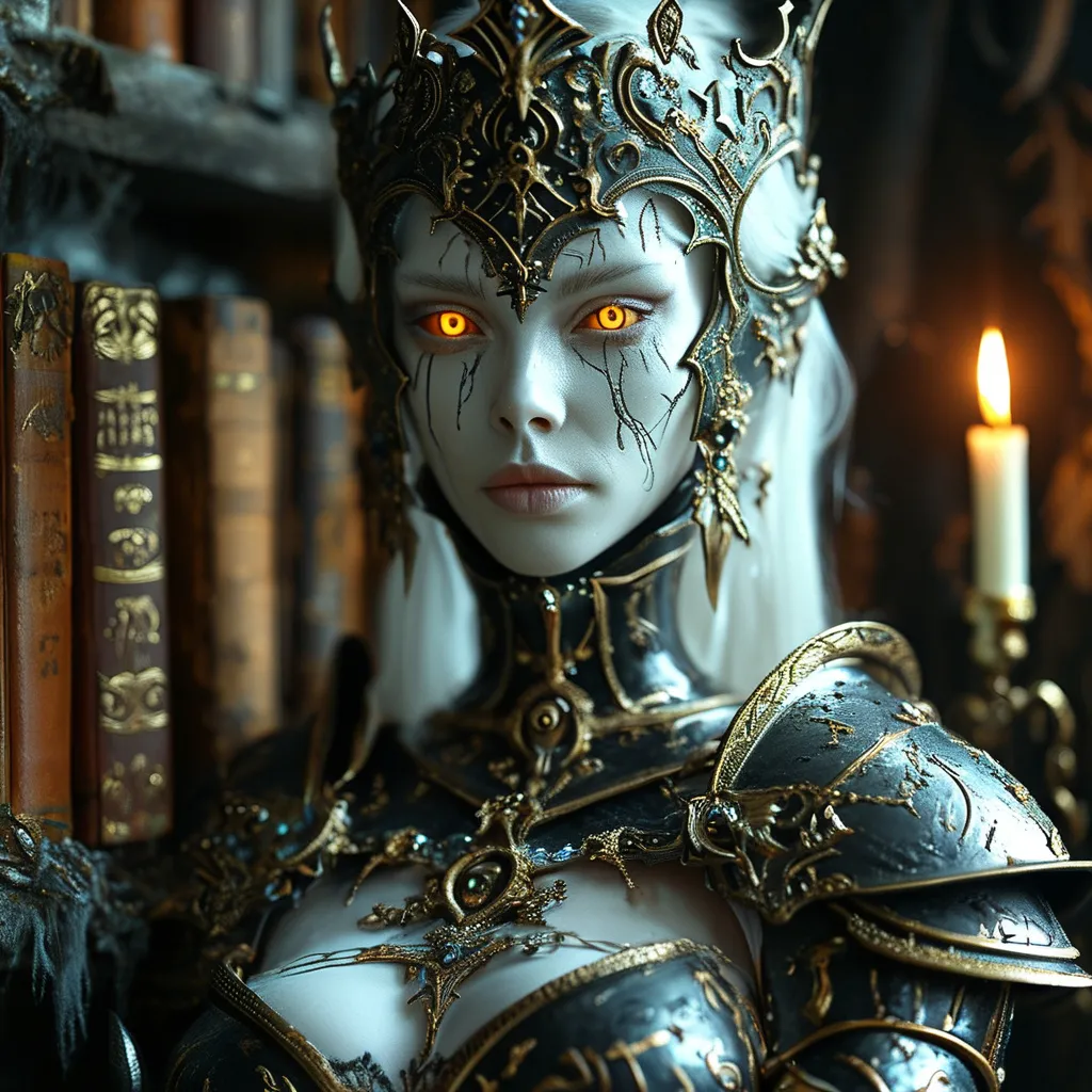 Prompt: (god-like lich queen), flawless decaying ivory face, magnifcent plate armor, (mesmerizing burning eyes), a sense of death and inevitable fate, surrounded by ancient books symbolizing profound knowledge, magical illumination, active spellbook illuminated, dark and eerie backdrop, candlelit ambience creating ominous shadows, (highly detailed, ultra-realistic), cinematic lighting, atmosphere steeped in mystique and power.