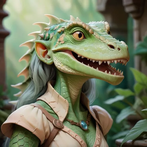 Prompt: realistic portrait of a female lizardman DnD Character, (Anton Pieck style), watercolor, whimsical and enchanting scene, soft color palette, dreamy ambiance, intricate details, gentle brush strokes, high-quality look, ethereal atmosphere, infused with a sense of nostalgia and wonder, ultra-detailed.