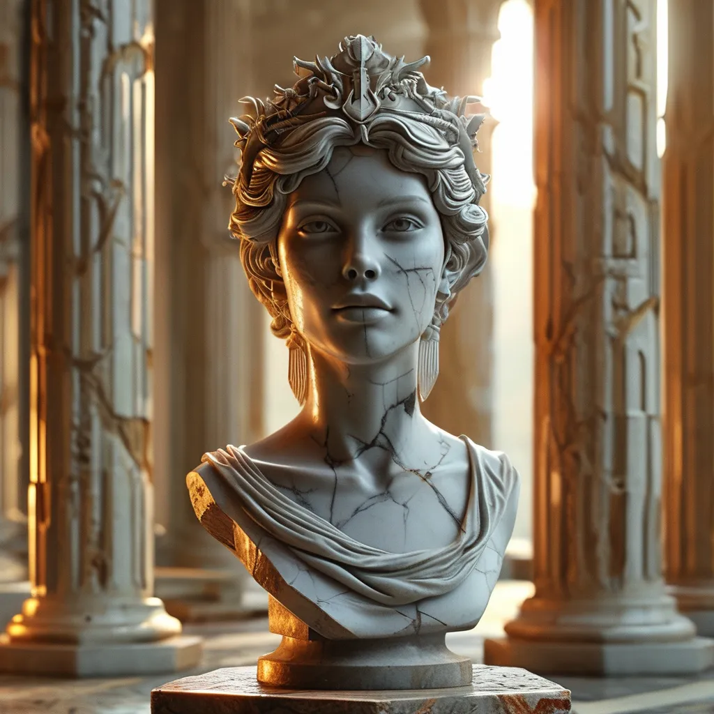 Prompt: realistic (marble full-body statue of a gorgeous woman dnd adventurer), adorned beautifully on a pedestal, set in the middle of a grand auditorium within an ancient temple, atmospheric ambiance with sophisticated lighting, ethereal sun rays illuminating the scene, detailed ancient architecture surrounding, warm tones creating a mystical feel, hint of medieval fantasy, ultra-detailed, high-definition.