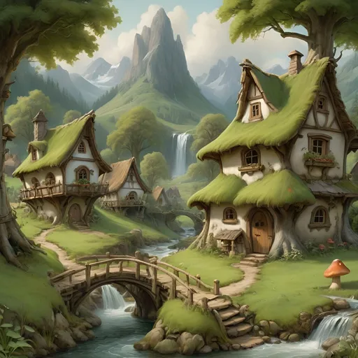 Prompt: Oil painting of an Anton Pieck-style elf village, quaint tree and mushroom houses, lush green fields, forest edge, cascading waterfall in a stream, high quallity, high resolution, detailed, wood bridges, majestic mountains in the background, farmers field, townscape, detailed and vibrant, high quality, oil painting, Anton Pieck style, elf village, lush green fields, cascading waterfall, mountains, quaint tree houses, mushroom houses