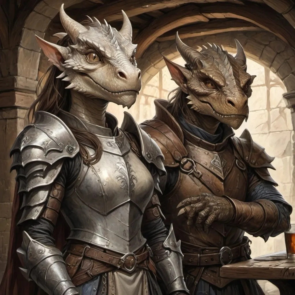 Prompt: fresco of a Dragonborn and an DnD Elf character, medieval fantasy, tavern setting, sketch art, intricate Victorian armor, detailed scales, high quality, medieval fantasy, intricate armor, mythical creatures, dramatic lighting, intense atmosphere, detailed facial features, fantasy illustration