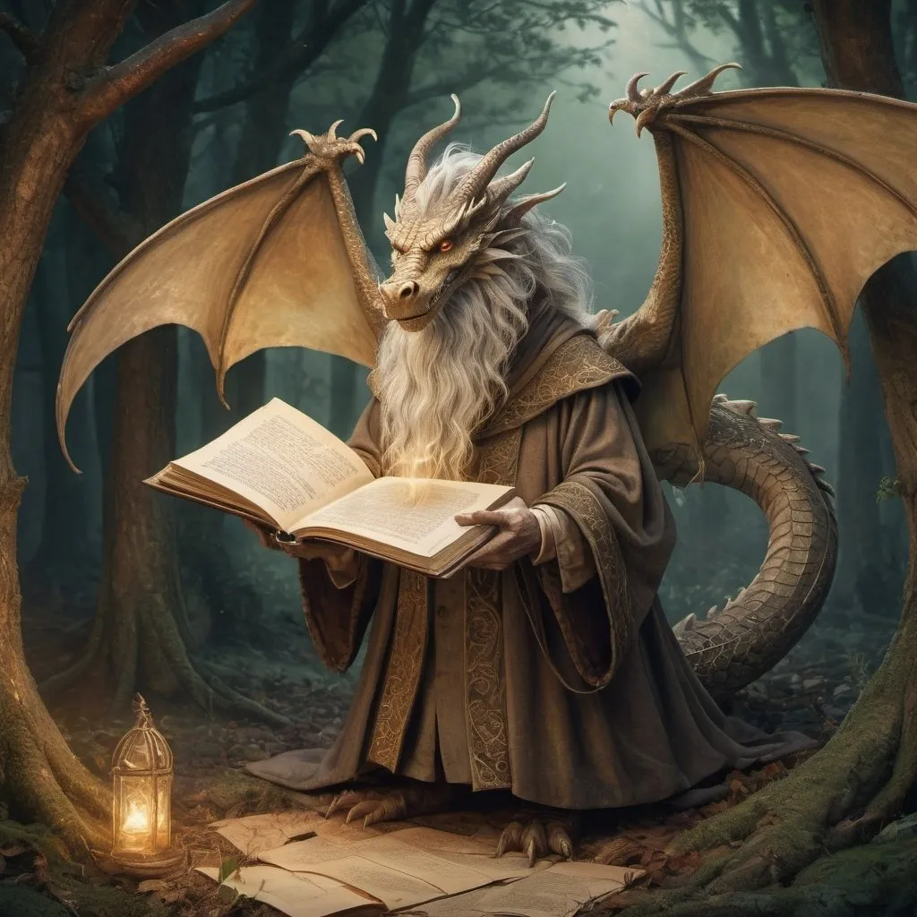 Prompt: Anton Pieck style illustration of a magnificent dragon, old wizard in enchanting woods, anchient magical tome  floating in the air, two wings, romantic lighting, vintage paper texture, detailed dragon scales and ancient wizard's robe, highres, vintage, detailed, romantic, enchanting, magical, traditional illustration, warm tones, atmospheric lighting
