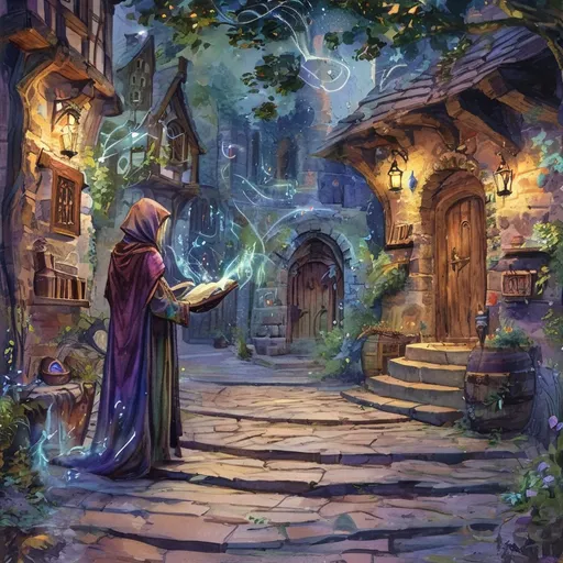 Prompt: (watercolor DnD young wizard's apprentice), spellbook, (spell illumination in the air), medieval fantasy, (small village setting), enchanting atmosphere, detailed expressions, vibrant and mystical colors, traditional attire, ancient spell symbols, light surrounding the spells, detailed stone and wood houses, lantern-lit pathways, magical aura, ultra-detailed, high quality, masterpiece, vivid and ethereal lights