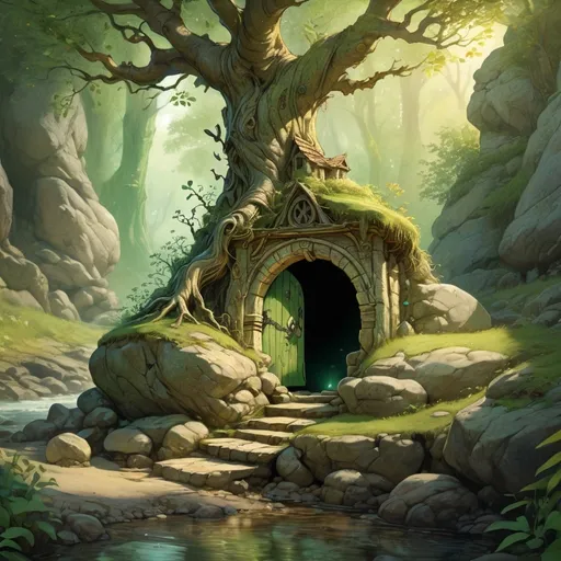 Prompt: (a goblin character sitting by an ancient magical doorway growing atop a boulder in rocky terrain), anton pieck style, Green and wooden aspects, magical illuminating swirls surounding the tree, little stream flowing from the tree, sacred grove, mystical atmosphere, warm golden and emerald tones, rays of light filtering through the branches, enchanted forest background with dense foliage, high-definition, ultra-detailed,  serene and awe-inspiring, crisp image quality, nature's magic, intricate root systems wrapping around the boulder