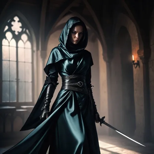 Prompt: photo realistic Medieval fantasy illustration of a skilled maid assassin, detailed flowing robes, maid costume, mysterious and stealthy demeanor, intricate dagger , high fantasy setting, mannerhouse, silhouette in the background, detailed satin fabric with rich textures, piercing and determined gaze, enchanted dagger, best quality, high fantasy, detailed robes, assassin, medieval, skilled, stealthy, mysterious, determined gaze, professional, atmospheric lighting