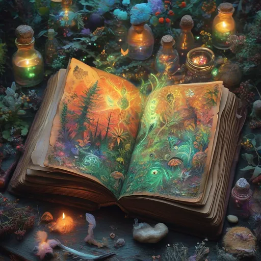 Prompt: open witch's tome, vibrant enchanted forest sprouting from its pages, infused with (sinister) mystic flora and fauna; scene pulsating with (magic and wonder), potion recipe, herbal plant sketches, soft ethereal spells drifting into the air, (creepy crawlers) scampering around, shadows playfully dancing in the warm ambiance of the cottage, enchanting yet eerie atmosphere reflecting hidden secrets and ancient knowledge.