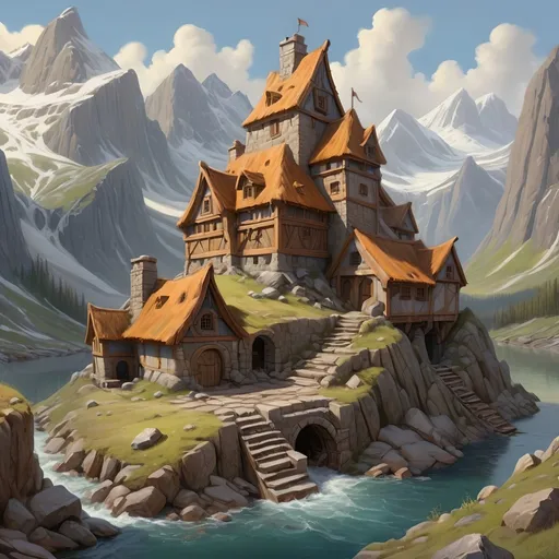 Prompt: Medieval fantasy painting of a secret dwarven hideout, stone houses, viking style, runework, ruines, high mountianpeaks, mountainscapescape view,  mountianlake,  intricate details, high quality, detailed illustration, mines, over view
