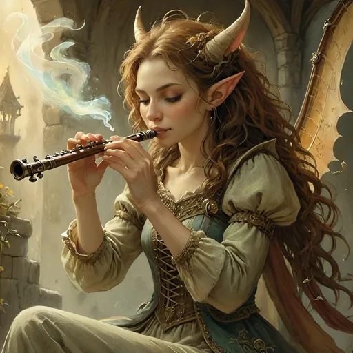 Prompt: DnD female demon bard playing flute, magical musical notes streaming in the air, Anton Pieck style painting, vintage warm tones, intricate details, whimsical fantasy, medieval, high quality, oil painting, good hair, charming, enchanting, intricate details, cozy lighting