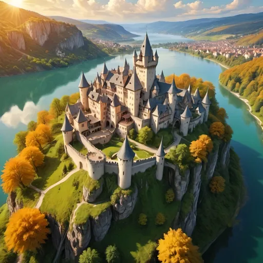 Prompt: (breathtaking aerial view), magnificent (medieval fantasy) castle perched on a towering cliff, with a parklike courtyard, charming fairytale village nestled in the valley below, tranquil lake shimmering in the background, enchanting fairytale atmosphere, radiant golden clouds reflecting sunlight, vibrant colors, ultra-detailed, cinematic quality, high-definition.