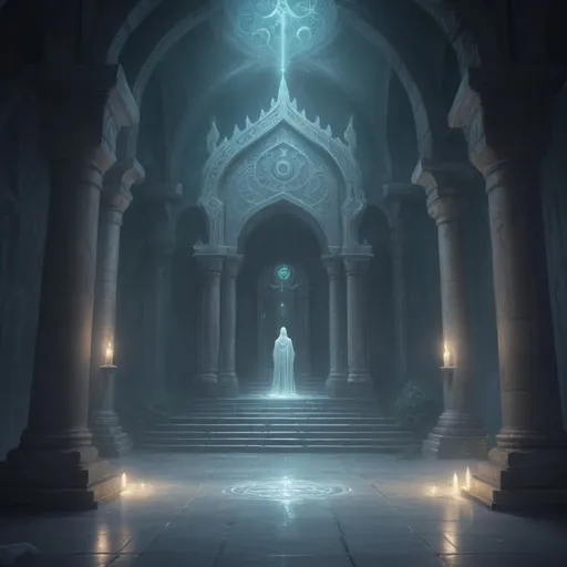 Prompt: (illuminous spirit), guarding a temple, ghostly appearance, medieval fantasy setting, DND adventure, soft mystical lighting, serene glossy tiles reflecting luminous patterns, sacred ambiance, ornate grave nearby, tranquil atmosphere, enchanting details, enchanting visuals, luminous surroundings, ultra-detailed, high quality, captivating art style, otherworldly presence, symbols of protection and spirituality.