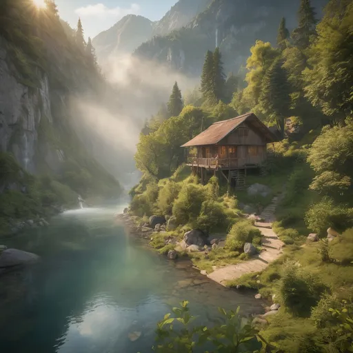 Prompt: aerial view, (charming rustic boathouse at tranquil mountain lake), small mountain path leading to front door, fairytale-like surroundings, serene atmosphere, wooden canoe at the shore, misty water, waterfall in background, enveloped in lush nature, calming golden morning light, sun's rays piercing through, ultra-detailed, picturesque landscape, whispering tranquility, enchanting beauty of nature, reflecting calmness and peace.