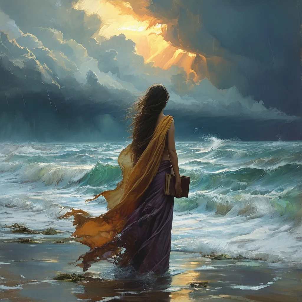 Prompt: (woman standing on the beach), (waves crashing), tattered saree, sun beams of hope, holding book, (medieval fantasy), dark storm clouds looming, distant lightning, loneliness, (watercolor), dramatic and turbulent ambiance, gloomy hues, wind tousling her hair, the powerful waves and restless ocean reflecting the raw energy of the storm, captivating and dynamic composition, high detail, ultra-detailed.