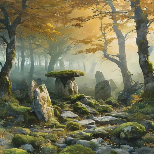 Prompt: water color anton pieck style,ancient dolmen, (sacred resting place), (Celtic ambience), mystical atmosphere, enchanting light filtering through ancient trees, rich green moss covering boulders, ethereal fog blanketing the ground, vibrant gold and emerald color tones, tranquil and serene mood, historical significance, ultra-detailed setting, hints of ancient inscriptions, natural surroundings, rich textures, harmonious blend of nature and history.