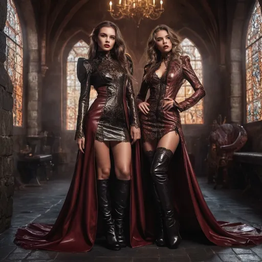 Prompt: full body women in (shiny leather dresses), (glossy lips), touching eachother, lace boots, (dynamic pose), (playful atmosphere), (bold color tones), intricate medieval fantasy wizards robes,  intricate (hairstyles) featuring, soft lighting enhancing details, emphasizing a visually striking composition, illustrating confidence and allure, creating an enticing and vibrant scene, (highly detailed), (HD), (fashionable chic).