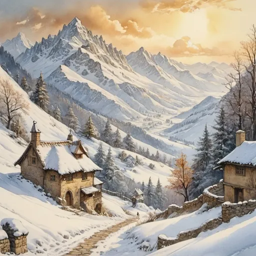 Prompt: (anton pieck style watercolor painting), mendless path in the snow, over the ridges of high mountains, back country, (glorious wide view), golden sunbaked clouds, sunny winter day, lone traveler, medieval fantasy, serene atmosphere, intricate details of snow, vibrant yet warm color tones, captivating lighting, immersive depth, tranquil and enchanting scene, (4K ultra-detailed) quality.