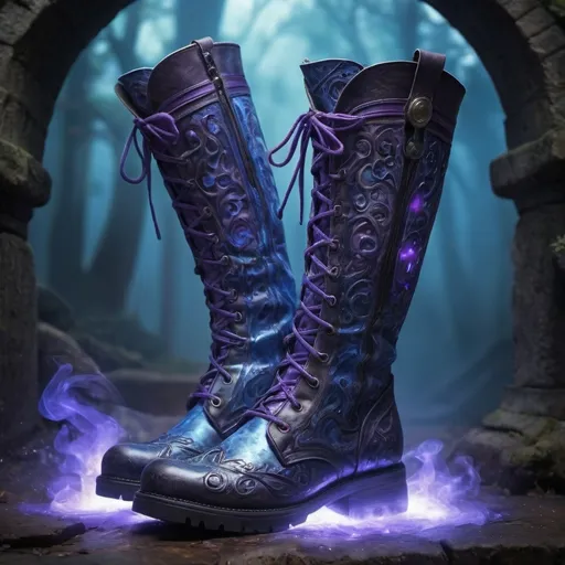 Prompt: (magical boots of stealth), enchanted shoes, medieval fantasy theme, swirling magical smoke enveloping the boots, ethereal glow, intricate details on the boots, rich textures, high fantasy ambiance, enchanting atmosphere, mystical energy, cool tones of blue and purple hues, ultra-detailed, cinematic lighting, lush background featuring a mystical forest or ancient ruins.