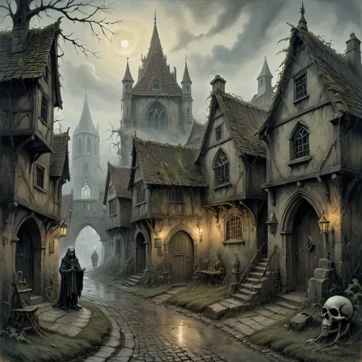 Prompt: Anton Pieck-style overview oil painting of a dark medieval fantasy village, dark lighting, foggy atmosphere, overgrown ruins, haunting ghosts, ghouls, and skeletons, eerie and dark, detailed brushwork, haunting figures emerging from the mist, village of the damned, old world charm, oil painting, dark tones, medieval, haunting atmosphere, eerie figures, detailed ruins, foggy setting, ghostly presence, atmospheric lighting