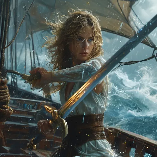 Prompt: (epic swordfight), fight scene, intense scene on a ship, pouring rain, storm clouds swirling ominously, vivid lightning strikes illuminating the dark sky, fierce winds swirling around, (female combatant) wielding a shimmering sword, casting magical spells, high tension and dynamic motion, highly detailed features, dramatic atmosphere, cinematic quality, ultra-detailed, 4K resolution, a clash of power amidst the tempest.