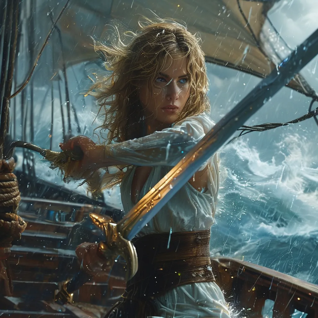 Prompt: (epic swordfight), fight scene, intense scene on a ship, pouring rain, storm clouds swirling ominously, vivid lightning strikes illuminating the dark sky, fierce winds swirling around, (female combatant) wielding a shimmering sword, casting magical spells, high tension and dynamic motion, highly detailed features, dramatic atmosphere, cinematic quality, ultra-detailed, 4K resolution, a clash of power amidst the tempest.