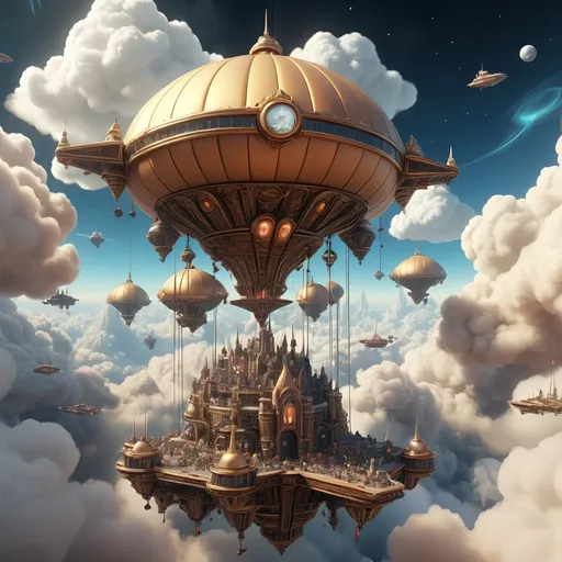 Prompt: (skydock high in the clouds with small flying ships around it), imperialistic fantasy, soft glowing lights, space-inspired elements, ultra-detailed, intricate designs, majestic, sense of wonder and adventure,  floating clouds, fantasy environment, high resolution, 4K, vibrant colors, cinematic masterpiece, captivating and awe-inspiring atmosphere.