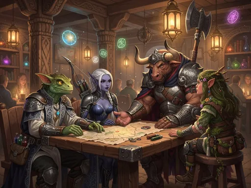 Prompt: Envision a digital sketch with a  realistic looking aspect, capturing a medieval fantasy group of adventureres adorned in intricate clothing of their profession. Haut couture fashion ideas blending seamlessly with the practicality of adventuring gear. showing the many attributes and stylishness for the contemporary adevnturer. The design features a practical but stylish  outfit. styled to impress.  The whole picture is situated in a fantsay styled inn with many wooden and magical elements. the group consists of a male kobold mage, a female dark elf archer, a minotaur fighter and a gnome druid. sitting at a table discussing their plans. To enhance the atmosphere, the style leans towards vibrant, painterly textures, reminiscent of classic fantasy illustrations.