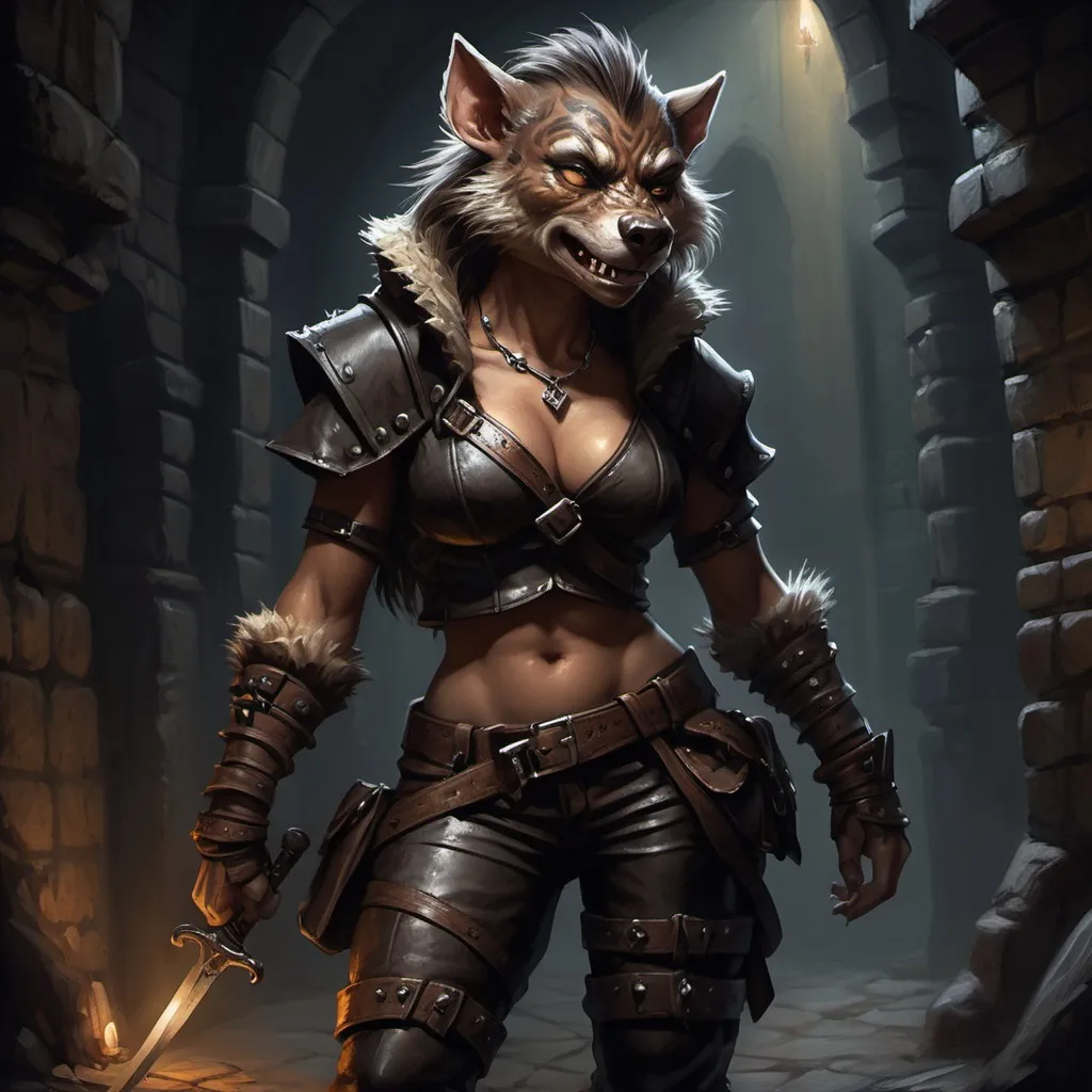 Prompt: (gorgeous female  furry gnoll DnD adventurer), (latex pants), (leather top), depicted in the shadows of a dimly lit dungeon, oil painting style, poised with a sword at the ready, sneaking carefully, dramatic contrast of light and darkness, high detail, ambiance of suspense and mystery, deep shadows enhancing the mood, rich textures of leather and fabric, capturing the essence of adventure.