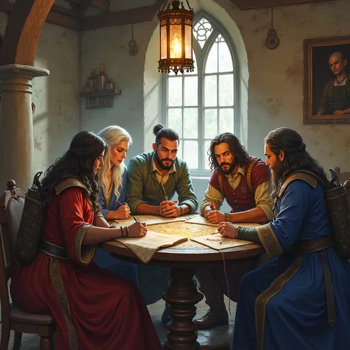 Prompt: hghly detailed, (diverse group of DnD adventurers), diverent fantasy races,  in a medieval guildhouse (anton pieck style) , soft sunlight through the windows, (beautiful detailed faces), (medieval fantasy Setting), sitting around a Table, (detailed character designs with backpacks and gear), (immersive composition).