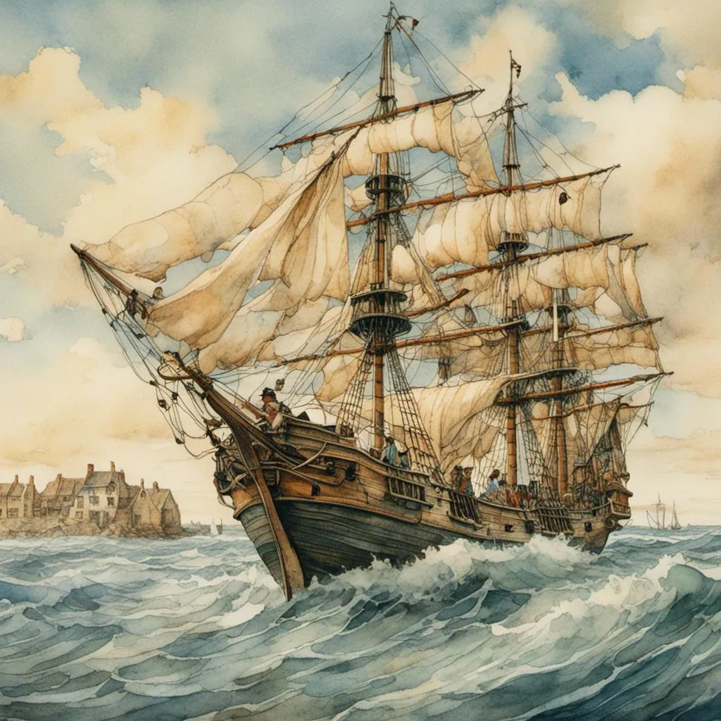 Prompt: <mymodel>J-type ship on sunny windy day, billowing sails, sparkling ocean waves, high quality, realistic, maritime painting, warm tones, sunlight filtering through the sails, detailed rigging and masts, clear blue sky with fluffy clouds, , fresh sea breeze, professional, realistic lighting