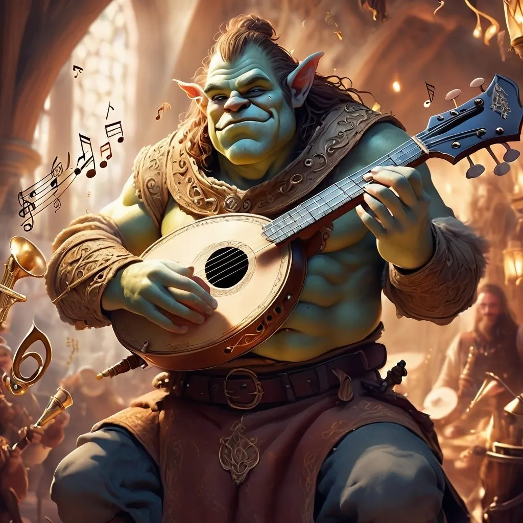 Prompt: realistic style, DnD ogre bard playing instrument, magical musical notes streaming in the air, warm tones, intricate details, fantasy, medieval, high quality, digital art, charming, enchanting, intricate details, , epic scene