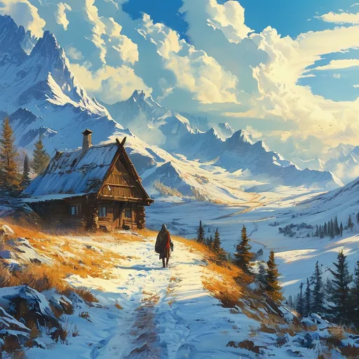 Prompt: aerial view, (anton pieck style watercolor painting), lone hut, endless path in the snow, over the ridges of high mountains, back country, (glorious wide view), golden sunbaked clouds, sunny winter day, lone traveler, medieval fantasy, serene atmosphere, intricate details of snow, vibrant yet warm color tones, captivating lighting, immersive depth, tranquil and enchanting scene, (4K ultra-detailed) quality.