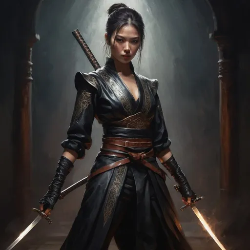 Prompt: photo realistic full body, female sword dancer DnD character, charismatic, fierce, radiating sparkeling magical katana,  oil painting, sharp lines, detailed face, perfect face, victorian style leather outfit, detailed, high quality, dark tones, danger lurking in the shadows,  ancient glowing runes, mysterious atmosphere, old world charm, 