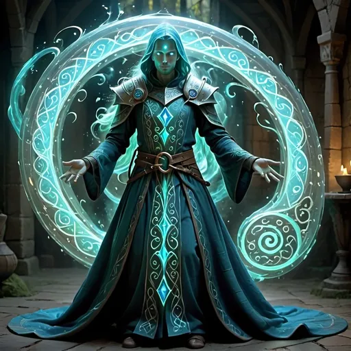 Prompt: (medieval fantasy polymorph spell), humanoid, vibrant magic energy, swirling colors of blue and green, dynamic shapes and forms rapidly changing, luminous glowing effects, enchanting atmosphere, illuminated rune symbols, high detail, ultra-detailed, dramatic lighting, magical ambiance, evoking a sense of wonder and transformation.