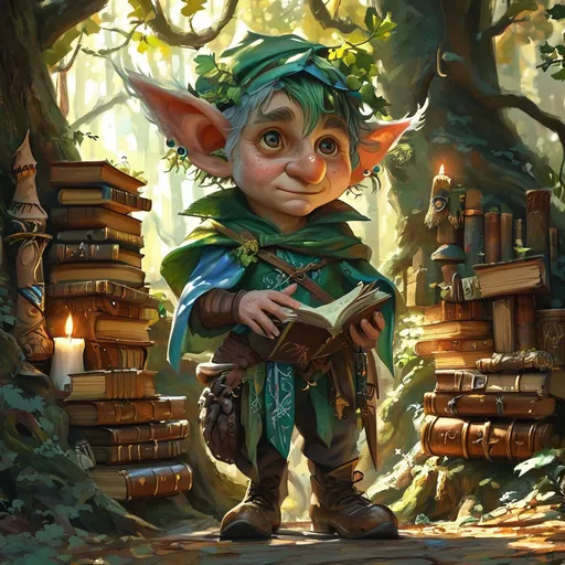 Prompt: (Young  DnD male gnome druid adventurer), forest , fairytale setting, big round nose, realistic, medieval fantasy, surrounded by ancient books and scrolls, magical artifacts, whimsical and enchanted atmosphere, shafts of golden sunlight filtering through the trees, lush green foliage, intricate wooden furniture, warm, mystical lighting, vibrant color palette, ultra-detailed, high quality, 4K resolution.