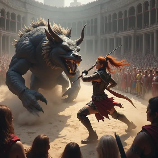 Prompt: aerial view (Female DnD character) engaged in a gladiator-style fight, fierce expression, detailed armor, poised with a weapon, (majestic beast) ready to attack, surrounded by (medieval fantasy arena) with ancient stone architecture in the style of Anton Pieck, vibrant colors, dramatic shadows, high tension atmosphere, cheering crowd in the background, (ultra-detailed), high-quality composition.