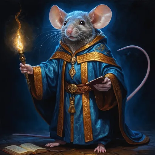 Prompt: Highly detailed full body oil painting of a mouse human hybrid mage character, intricate and mage robes , glowing mage staff, spell book, shining spell, spell casting, intense and intelligent gaze, rich and deep color palette, dramatic lighting, professional, detailed, oil painting, rich blue colors, dramatic lighting, high quality