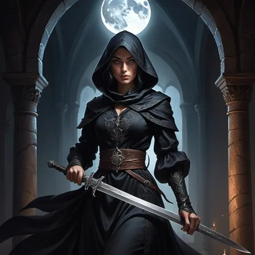 Prompt: Medieval fantasy illustration of a skilled maid assassin, detailed flowing robes, mysterious and stealthy demeanor, intricate dagger with a hidden blade, high fantasy setting, mannerhouse, silhouette in the background, detailed satin fabric with rich textures, piercing and determined gaze, enchanted dagger, best quality, high fantasy, detailed robes, assassin, medieval, moonlit, skilled, stealthy, mysterious, determined gaze, professional, atmospheric lighting