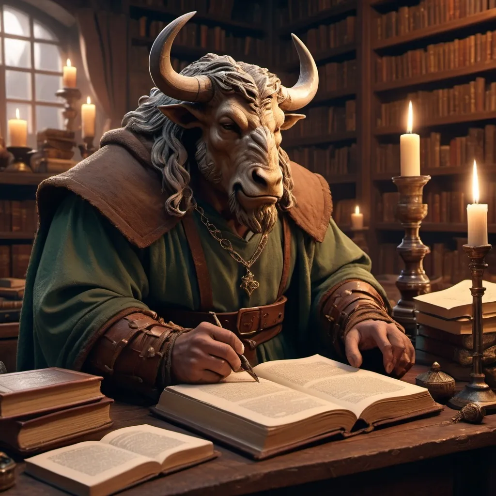 Prompt: (sage minotaur DnD character), chaotic medieval fantasy scribe's office, (detailed robes), an abundance of (books and tomes), dimly lit ambiance with flickering candlelight, cluttered wooden desk surrounded by scrolls, (intricate quills and inkwells), rich and warm color palette, (4K), ultra-detailed rendering, emphasizes a whimsical and scholarly atmosphere.