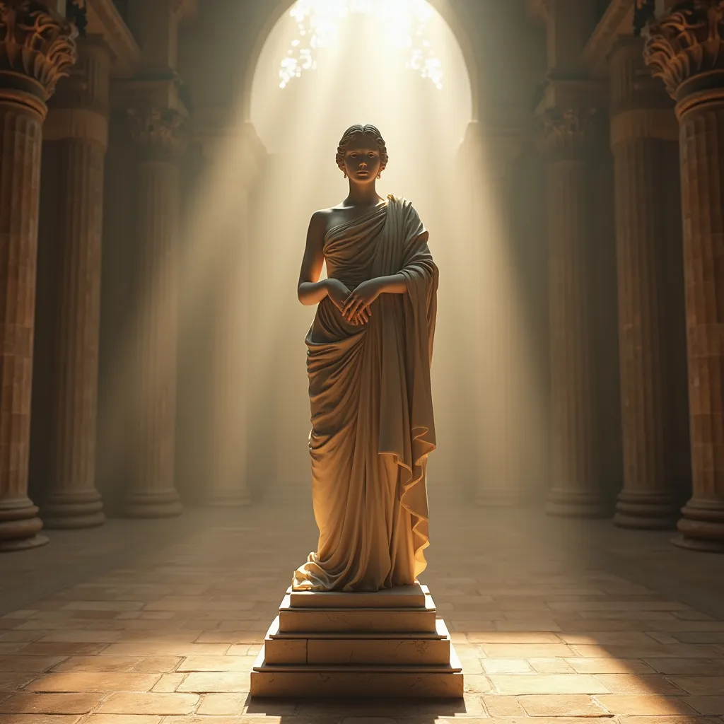 Prompt: realistic (marble fullbody statue of a gorgeous woman in shrouds), adorned beautifully on a pedestal, set in the middle of a grand auditorium within an ancient temple, atmospheric ambiance with sophisticated lighting, ethereal sun rays illuminating the scene, detailed ancient architecture surrounding, warm tones creating a mystical feel, hint of medieval fantasy, ultra-detailed, high-definition.