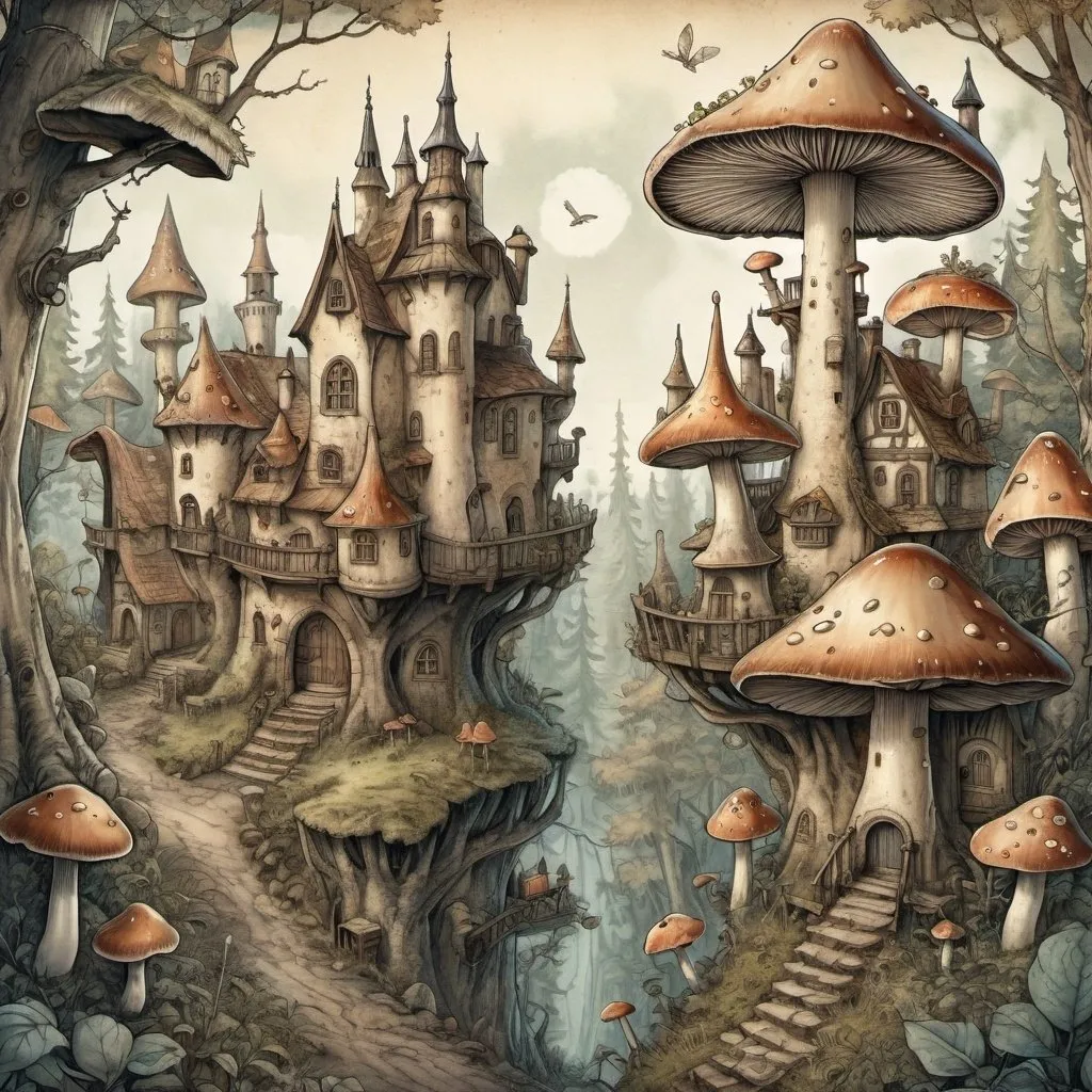 Prompt: Anton Pieck style illustration of a medieval fantasy mushroom city in the trees, birds eye view, in the forrest, vintage paper texture, intricate line work, high detail, mystical atmosphere, warm and nostalgic tones, soft lighting, high quality, magical artifacts, nostalgic, warm tones, soft lighting