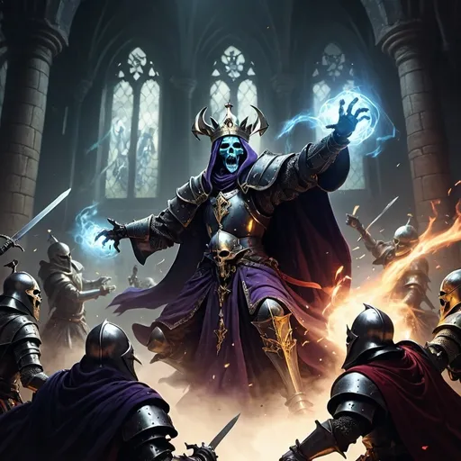 Prompt: skirmish  between Sinister DnD character Lich hovering in the air battling and some knights, robes, battle scene, worriors, knights, magical flashes,  intense aura, high contrast, fantasy, highres, detailed, sinister, magical, dark castle, battle, DnD, radiating magic, intense lighting