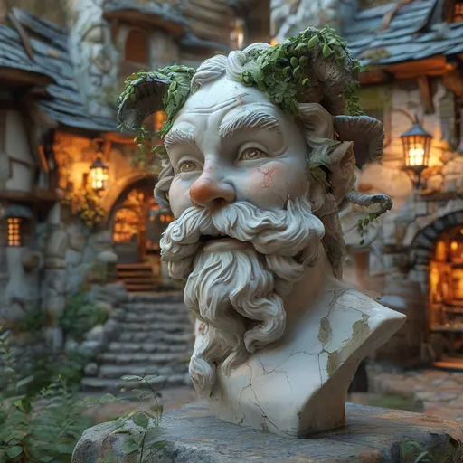 Prompt: (veiny marble white statue of a fool), cheerful and jolly expression, bright (radiant lighting), meideval fantasy, detailed features, intricate veins design, (entrance to a rustic tavern), warm atmosphere, lush greenery surrounding, inviting entrance, ultra-detailed, cinematic depth, harmonious blend of elegance and whimsy, vibrant colors reflecting off the statue surface.