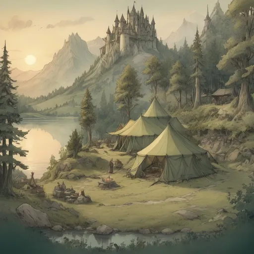 Prompt: Anton Pieck style sketch of a medieval fantasy campsite, dnd style characters, big tents, dense forest, lake, distant mountains, sunrise, castle in distance, detailed sketch, vintage, forest green and earthy tones, warm lighting, quaint
