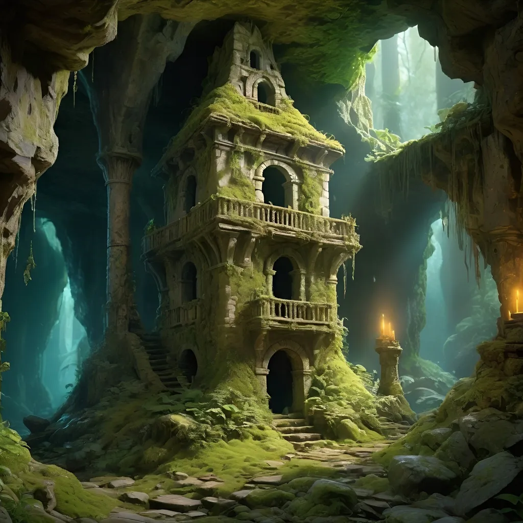 Prompt: Mages tower in a cave, magical illuminated rays, forgotten ruin, mossy and overgrown, female sorcerer, 4k ultra-detailed, fantasy, magical, mystical, mossy and overgrown, atmospheric lighting, intricate details, cave setting, ancient ruins, enchanting, sorceress, mysterious