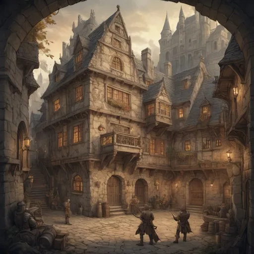 Prompt: Anton Pieck style illustration of an imposing DnD style fantasy fighters guildhouse with battlements, singular building, straw weapon training dummy, archery targets, courtyard, birds eye view, vintage paper texture, intricate line work, high detail, mystical atmosphere, warm and nostalgic tones, soft lighting, high quality, warm window lighting, romantic