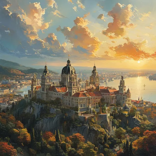 Prompt: (aerial view of grand palace), (Wiener Hofburg style), (oil painting), towers and spires, in the enchanting style of Anton Pieck, medieval fantasy, picturesque hilly hinterland, shimmering bay, (sunny day) with radiant golden clouds, conveying a pompous feeling, showcasing ancient architecture with elegant details, flourishing marble accents, (ultra-detailed), vibrant colors, (cinematic masterpiece).