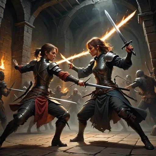 Prompt: Rough oil painting, (epic swordfight), female DnD Characters, intense fight scene, dramatic clash in a dark, atmospheric dungeon, torches casting flickering shadows, detailed textures, dynamic poses, energetic movement, (Justin Gerard style), high quality, vibrant colors, capturing the essence of high-stakes adventure and fantasy immersion.