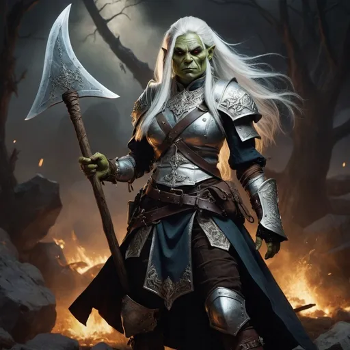 Prompt: photo realistic full body, female orc general DnD character overlooking the battlefield, long  white hair, charismatic, radiating sparkeling magical waraxe,  oil painting, sharp lines, detailed face, perfect face, victorian style bard outfit, detailed, high quality, dark tones, danger lurking in the shadows, elaborate explorer gear, ancient glowing runes, mysterious atmosphere, old world charm, 