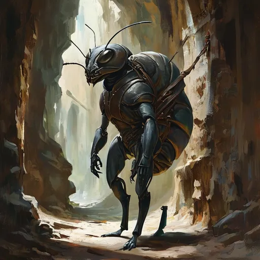 Prompt: (humanoid ant), DnD character, mandables, carapas, medieval adventurer, dungeon crawling, exploring dimly lit dungeon,  richly detailed oil painting, sturdy leather backpack, atmospheric shadows, mysterious ambiance, high-quality craftsmanship, dynamic composition, encapsulating the spirit of adventure and discovery.