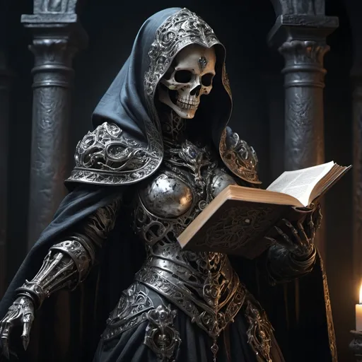 Prompt: realistic full body, (powerful lich), (goddes of death), dark and ominous shadows, (decomposing) body and face, piercing eyes with magical illumination, detailed armored robes, medieval fantasy, ancient magical floating book of creation, emanating a sense of deep knowledge and wisdom, mystical atmosphere, intricate details, high contrast, regal aura, (4K), ultra-detailed, evokes a sense of both allure and danger, shadows billowing around her, otherworldly presence.